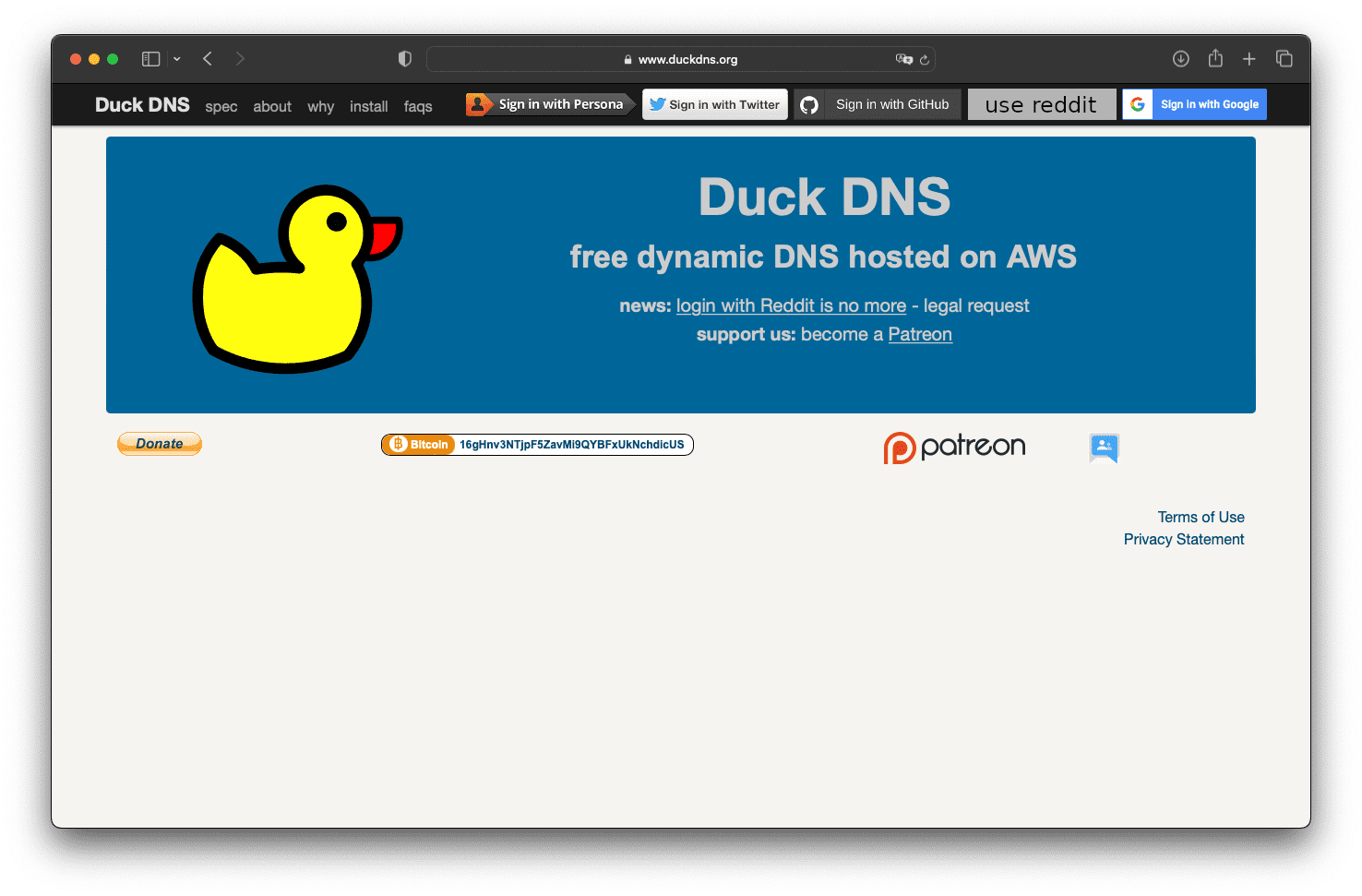 Главная страница Duck DNS