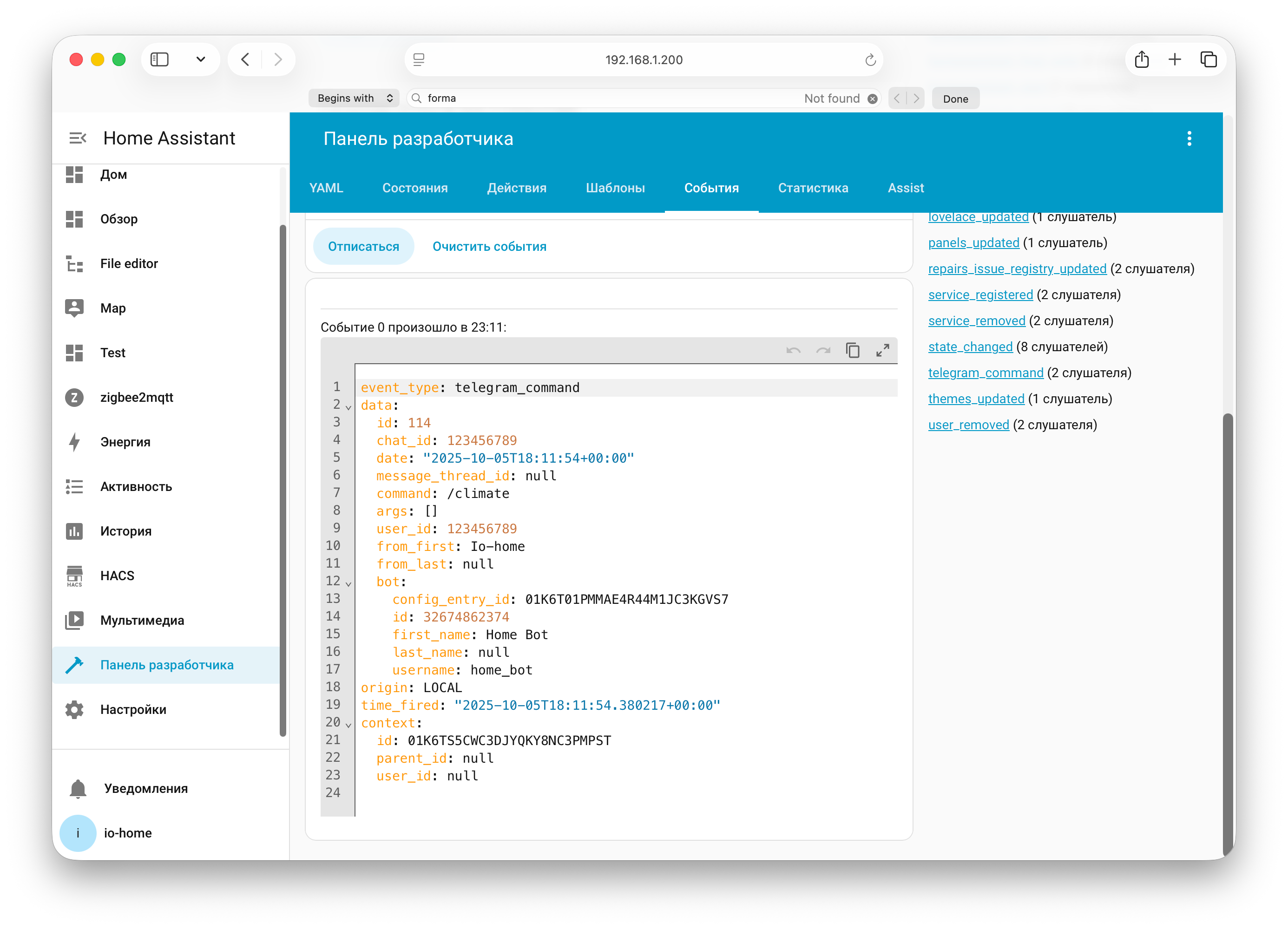 Отладка Telegram бота в Home Assistant