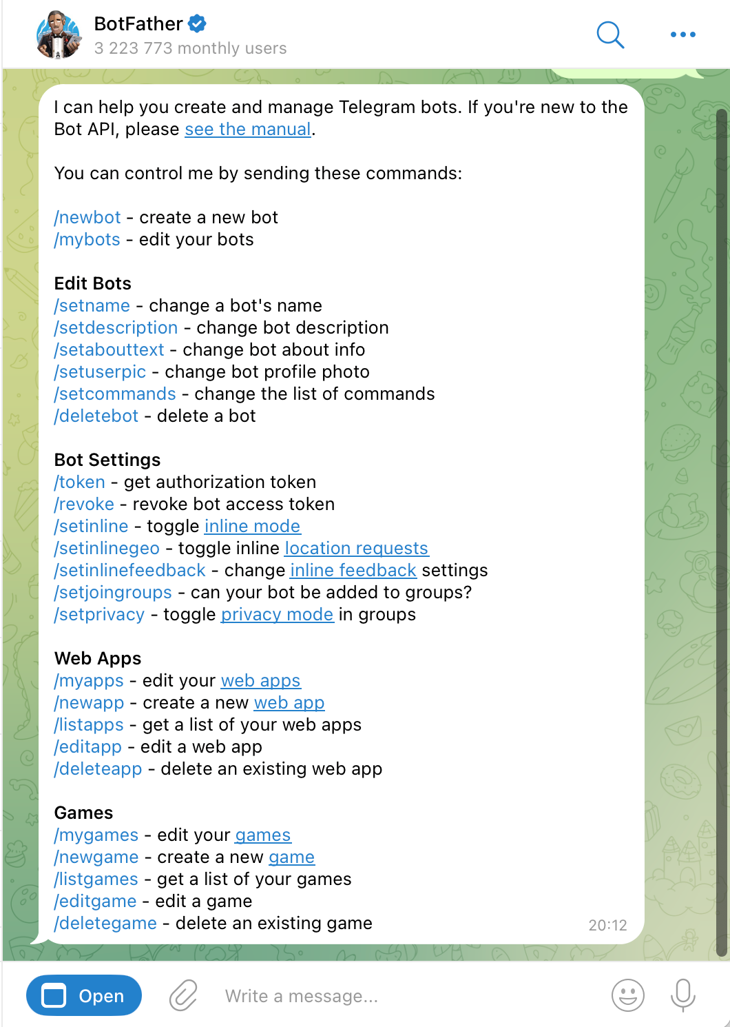 Список доступных команд бота BotFather в Telegram