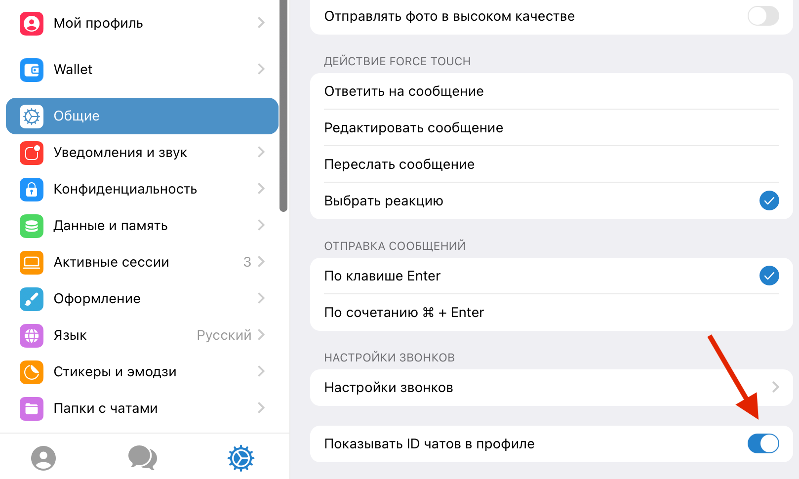 Включение настройки Телеграм "Показывать ID чатов в профиле"