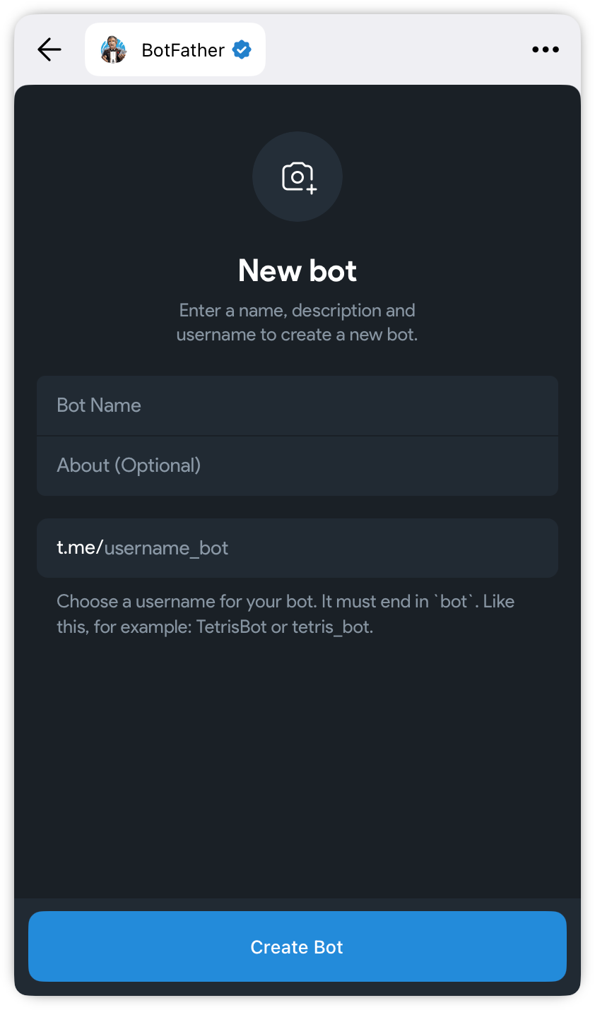 Создание нового Telegram бота в мини-приложении