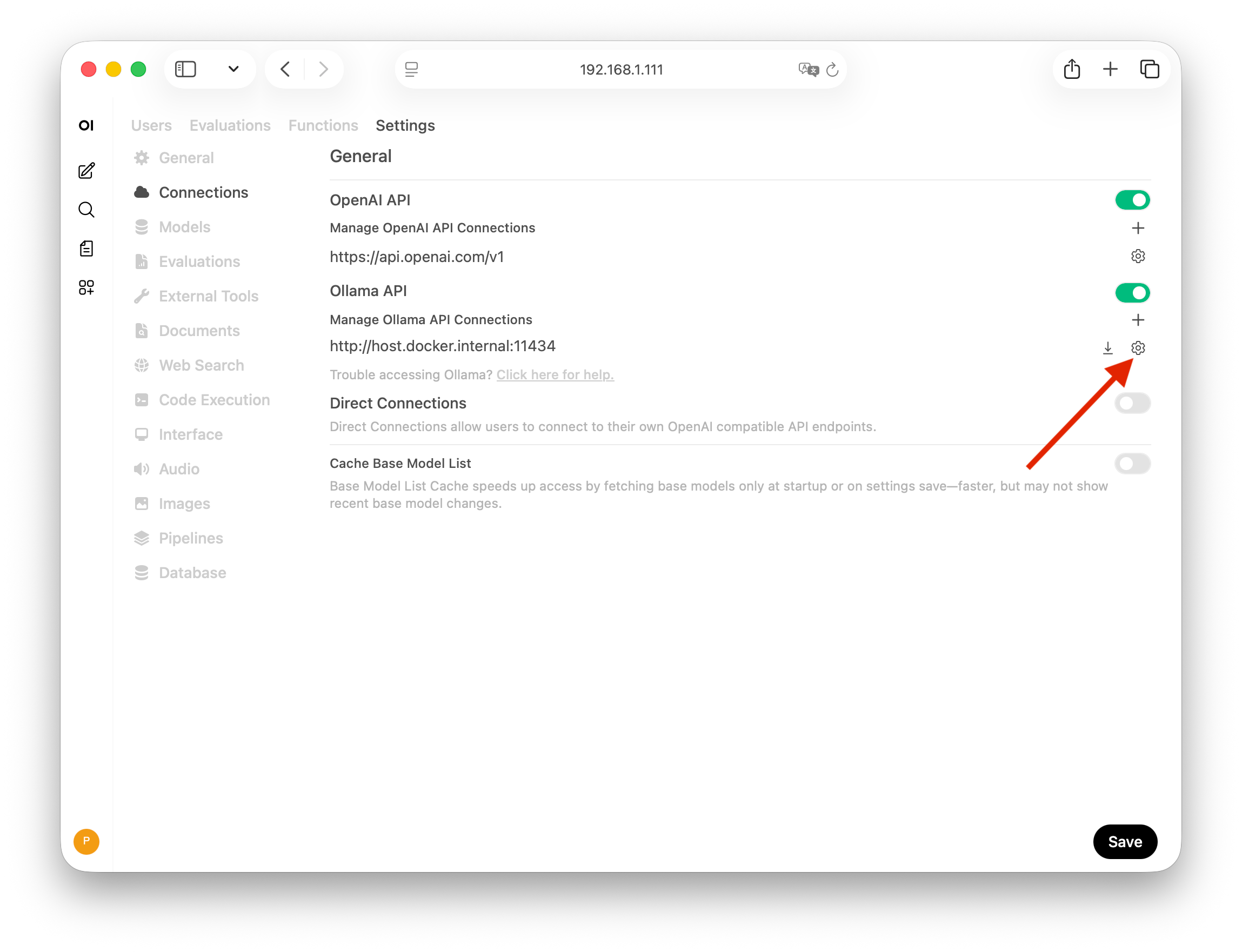 Настройка подключений Ollama в Open WebUI