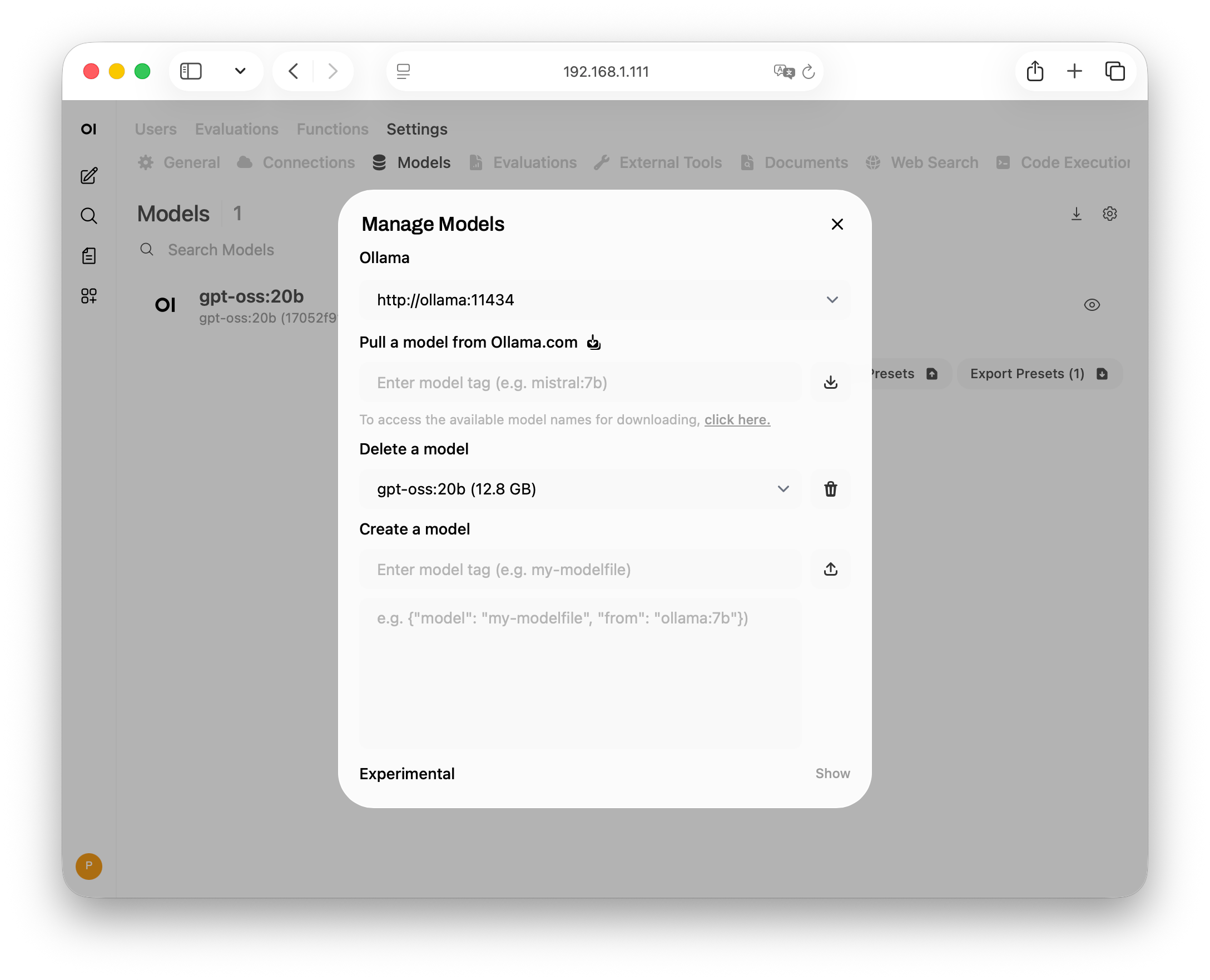 Управление Ollama моделями в Open WebUI